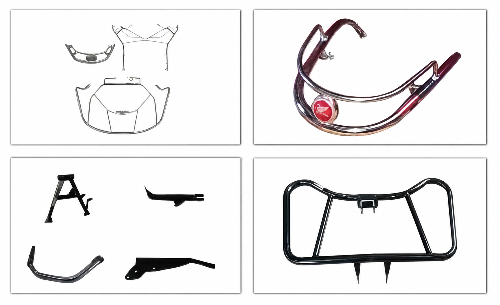 Four two-wheeler accessories arranged in a balanced two-by-two composition