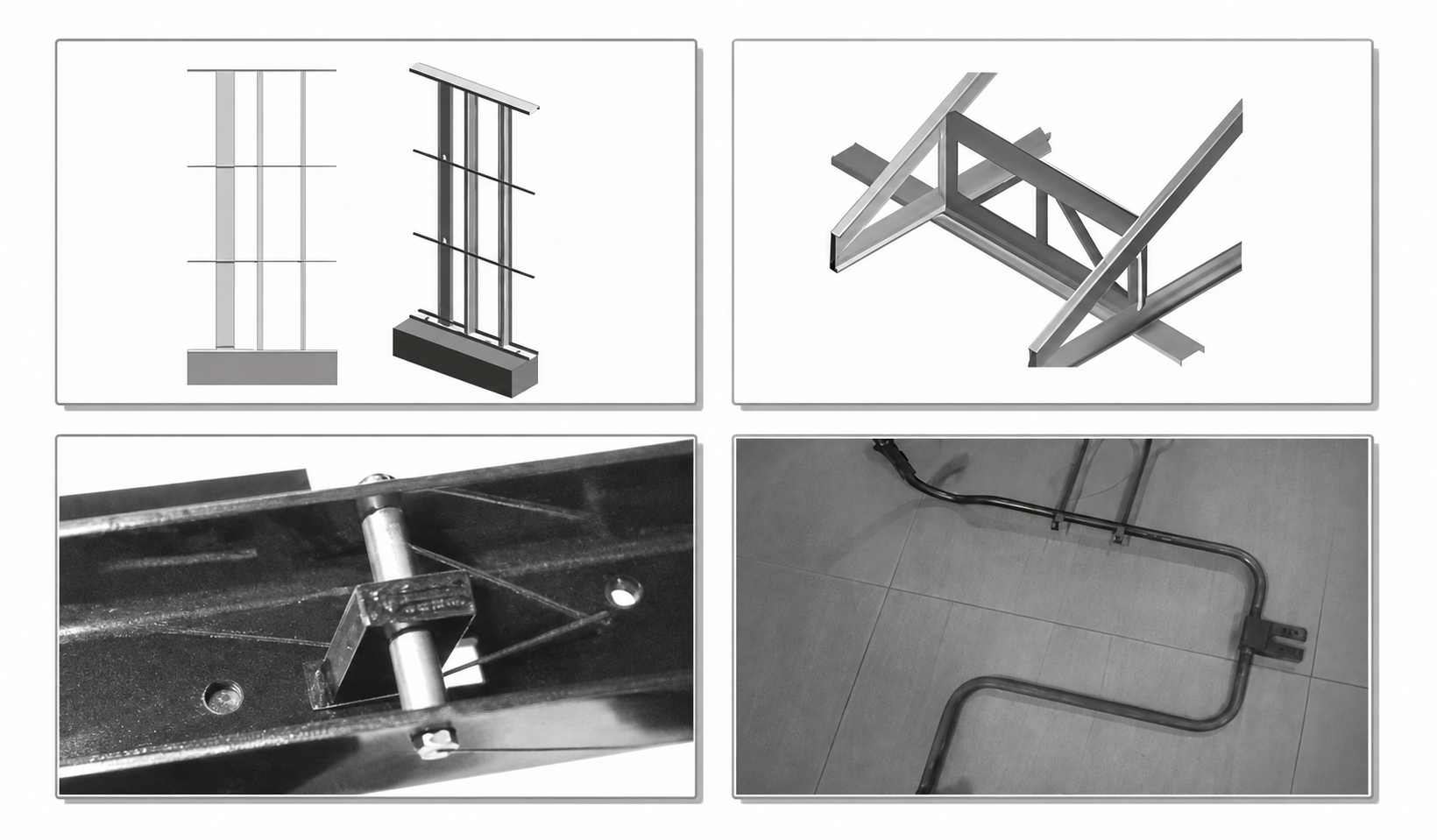 Four fabricated component examples arranged in a balanced two-by-two composition