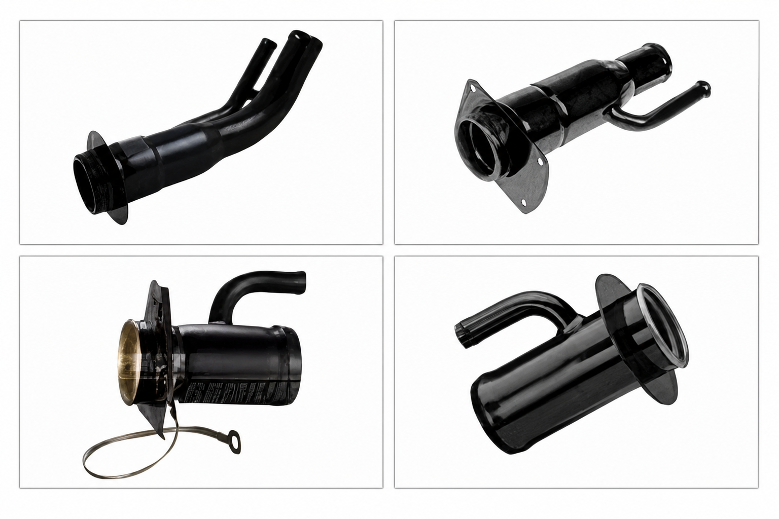 Four automotive filler-neck products arranged in a balanced two-by-two composition