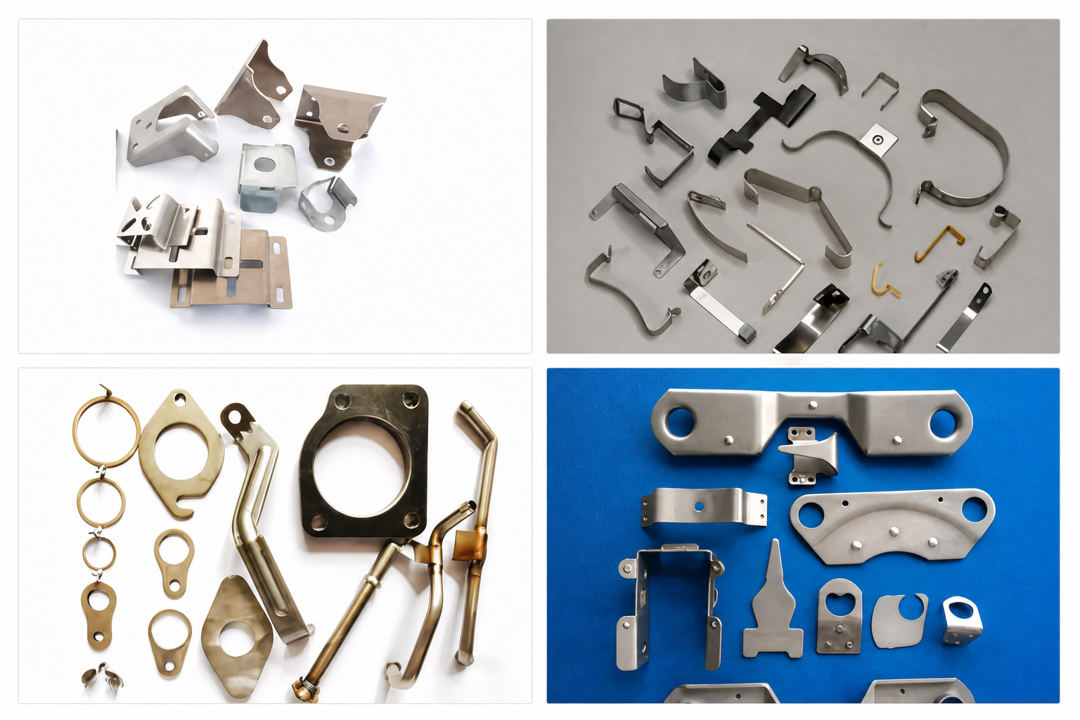 Four stamped-metal product groups arranged in a balanced two-by-two composition